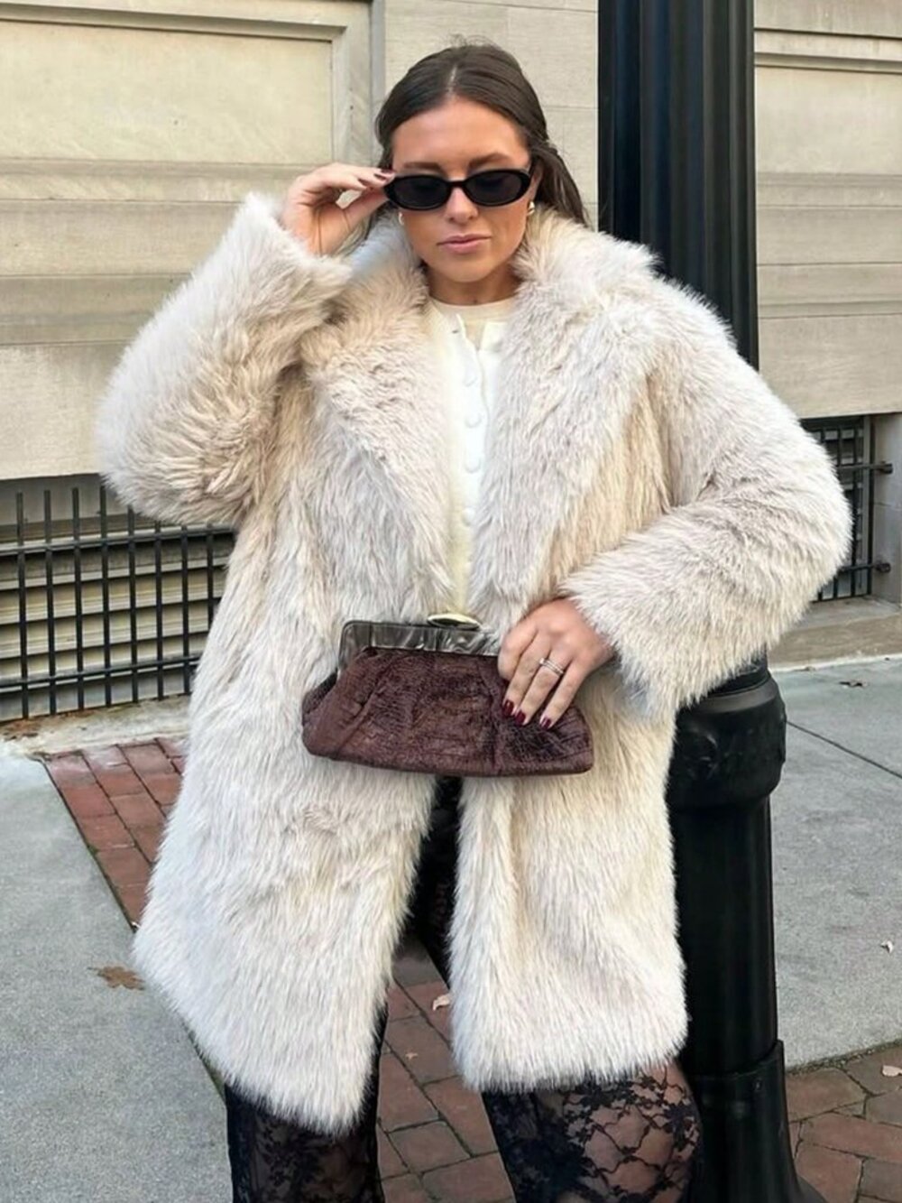 Beige womens Oversize Faux Fur teddy Coat - Picture 7 of 9
